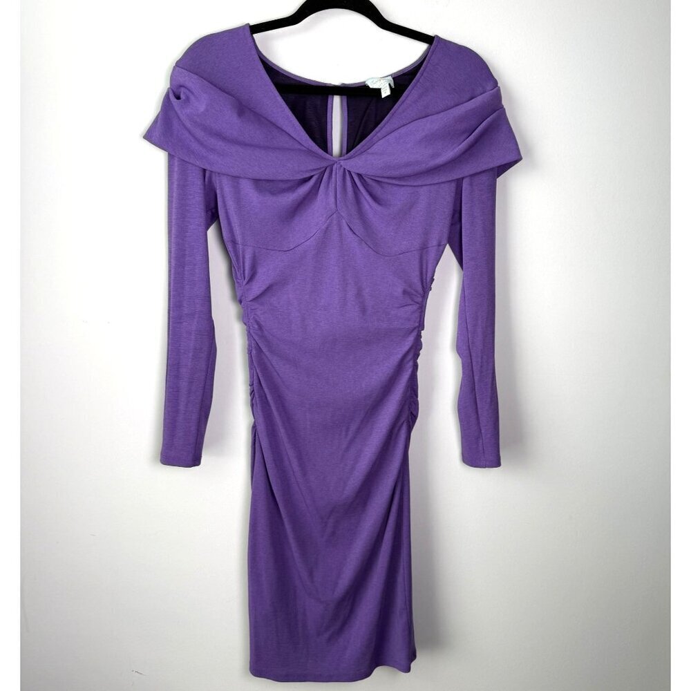Tracy Reese VTG Long Sleeve Midi Dress Draped Ruched Purple Sz M Party Cocktail